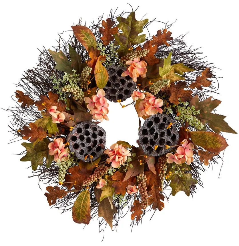 Crisp 22" Hydrangea and Dried Lotus Pod Wreath in Orange by Bellanest