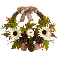 Crisp 20" Sunflower and Dried Lotus Pod Wreath in Green by Bellanest