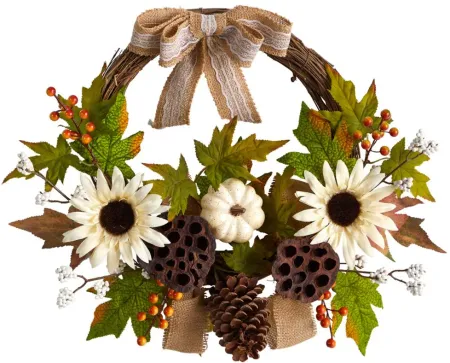 Crisp 20" Sunflower and Dried Lotus Pod Wreath in Green by Bellanest