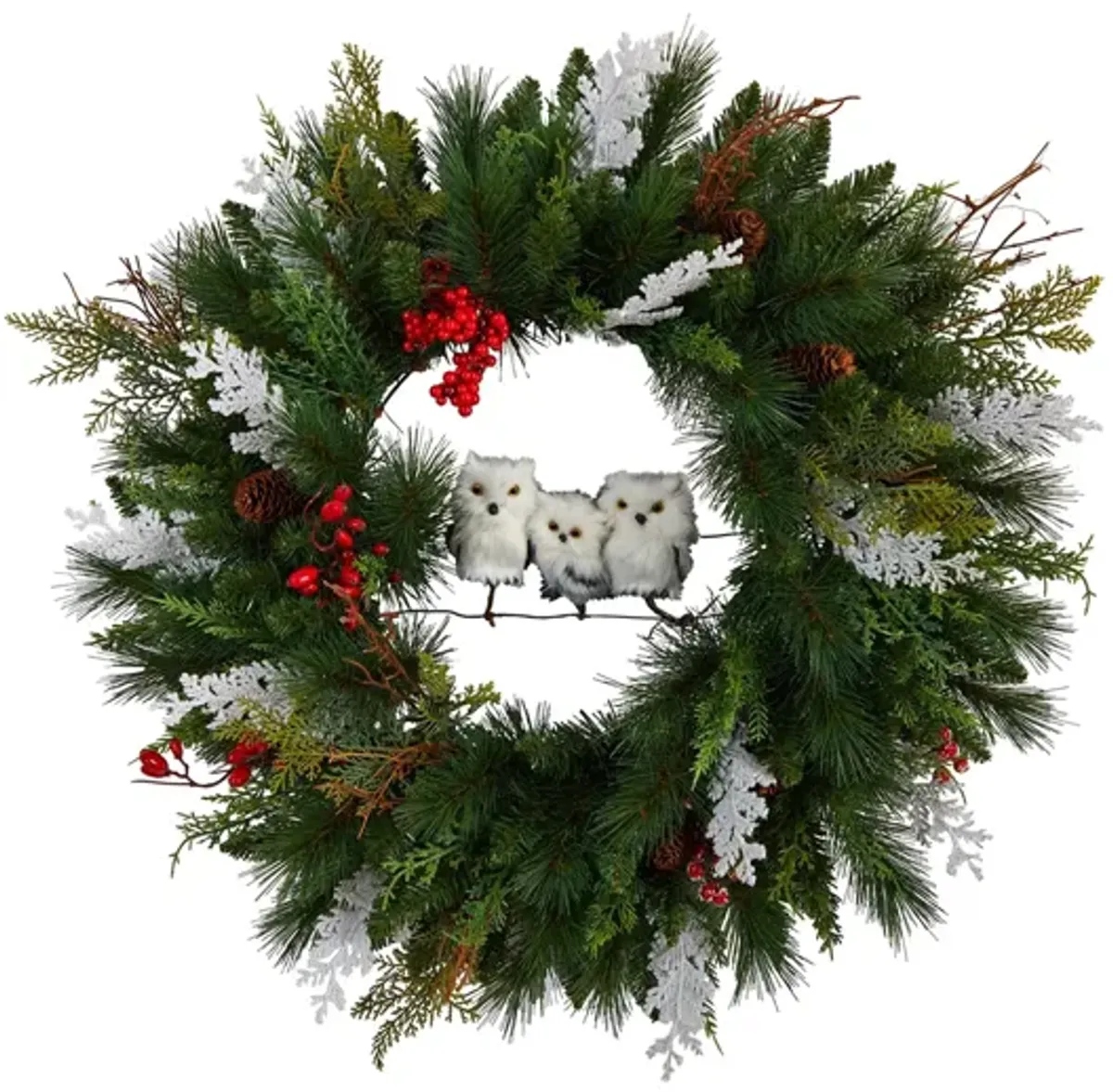 Adak 24" Winter Owl Wreath in Green by Bellanest