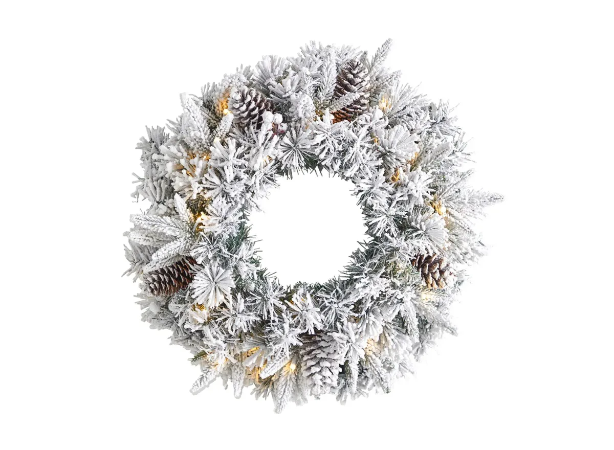 Adak 20" Pre-Lit Frosted Flocked Christmas Wreath in White by Bellanest