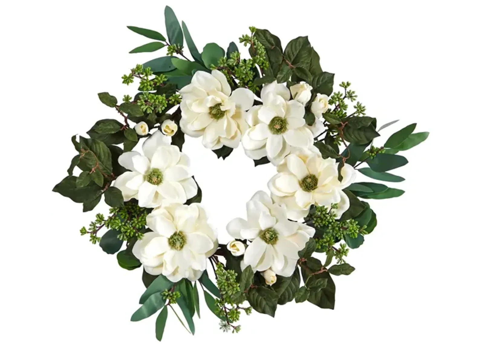 23in. Magnolia, Eucalyptus and Berries Artificial Wreath in White by Bellanest