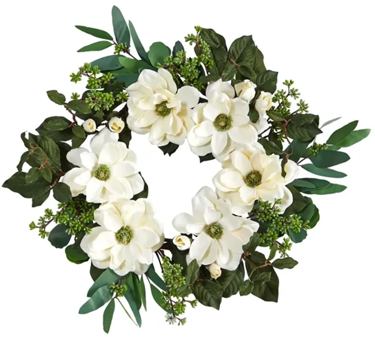 23in. Magnolia, Eucalyptus and Berries Artificial Wreath in White by Bellanest