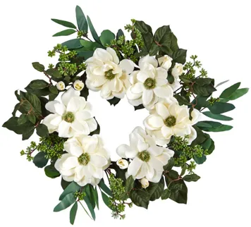 23in. Magnolia, Eucalyptus and Berries Artificial Wreath in White by Bellanest