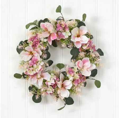 20in. Hydrangea and Magnolia Artificial Wreath in Pink by Bellanest