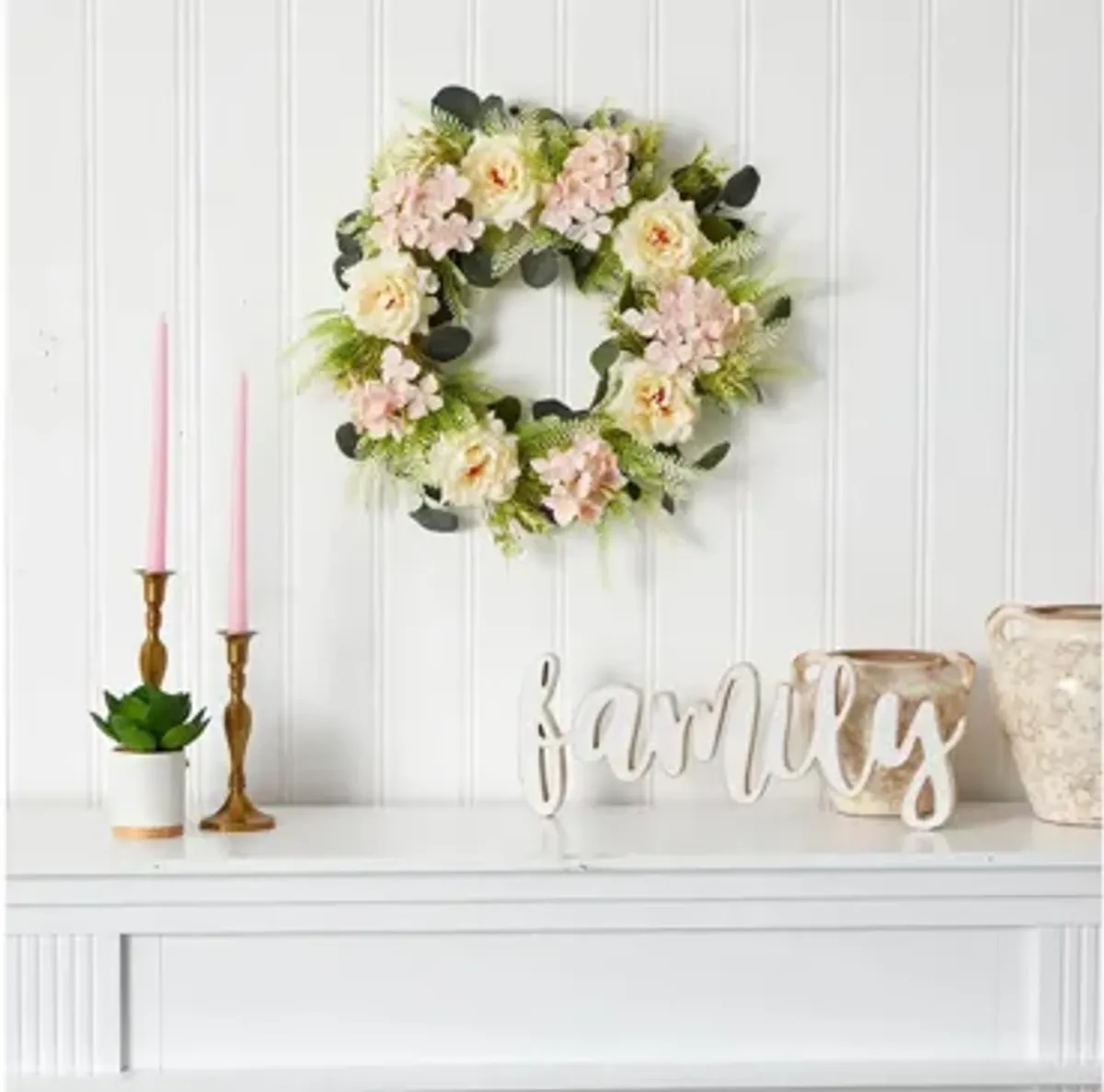 22in. Rose and Hydrangea Artificial Wreath