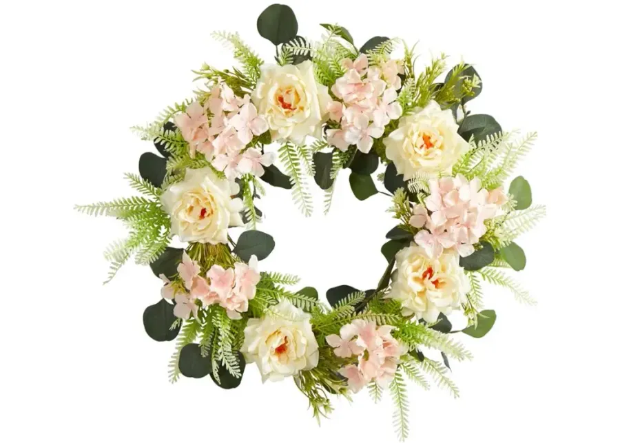 22in. Rose and Hydrangea Artificial Wreath in Pink by Bellanest