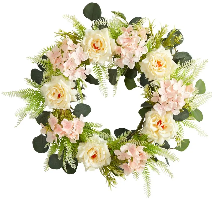 22in. Rose and Hydrangea Artificial Wreath in Pink by Bellanest