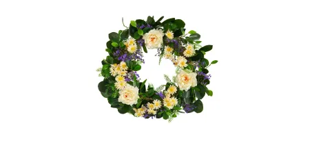 22in. Mixed Rose and Daisy Artificial Wreath in White by Bellanest