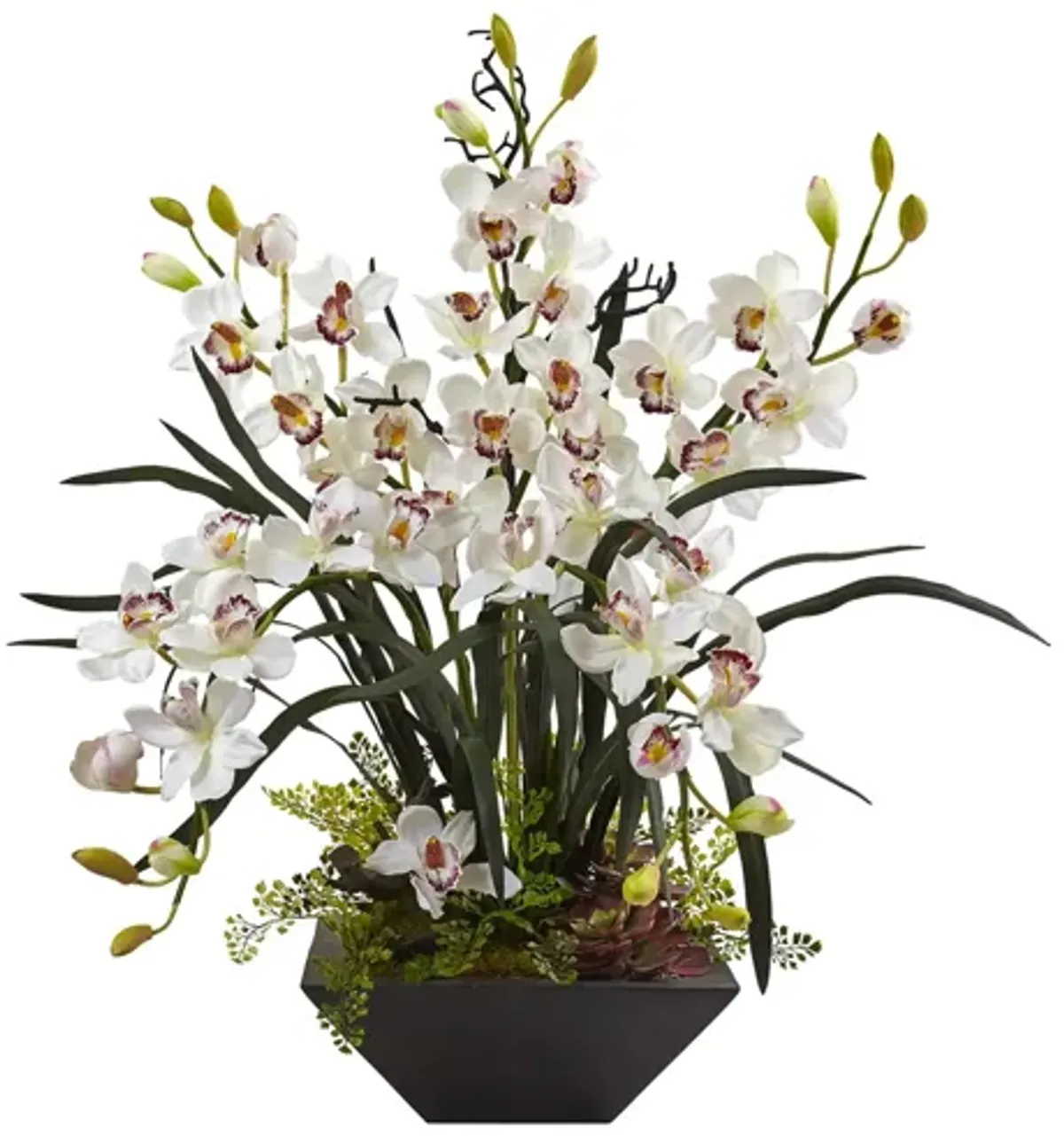 Cymbidium Orchid Silk Arrangement with Black Vase in White by Bellanest