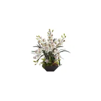 Cymbidium Orchid Silk Arrangement with Black Vase in White by Bellanest