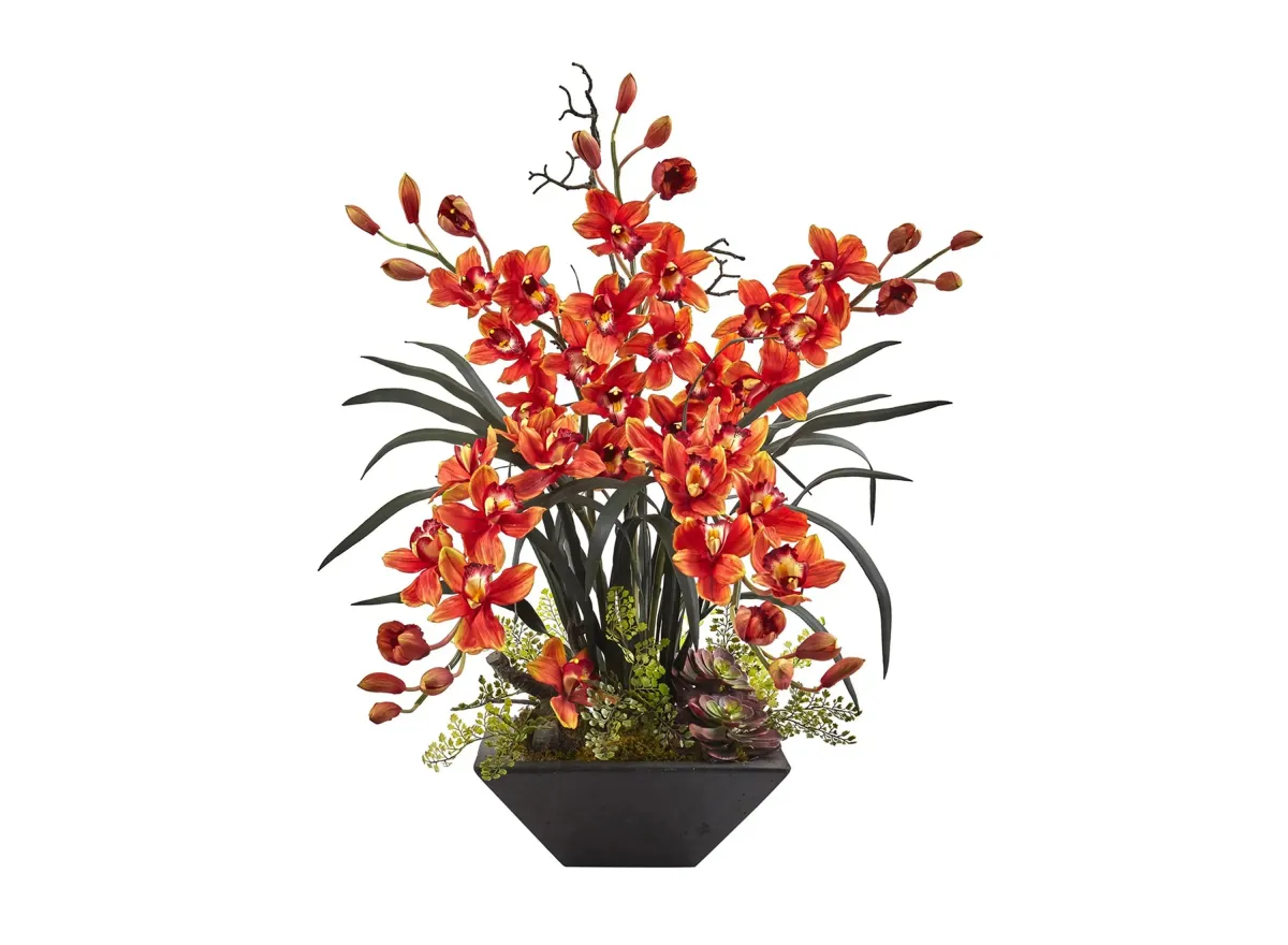 Cymbidium Orchid Silk Artificial Arrangement with Black Vase in Burgundy by Bellanest