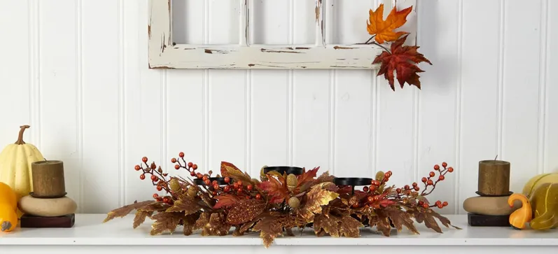 36in. Autumn Maple Leaves and Berries Fall Harvest Candelabrum Arrangement in Orange by Bellanest