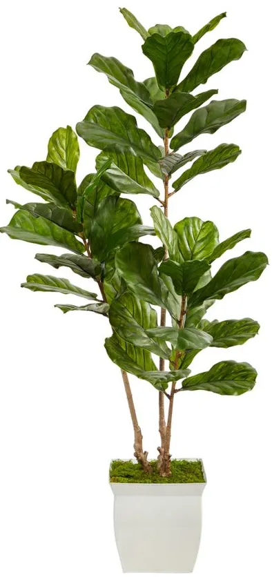 5.5ft. Fiddle Leaf Artificial Tree in White Metal Planter (Indoor/Outdoor) in Green by Bellanest