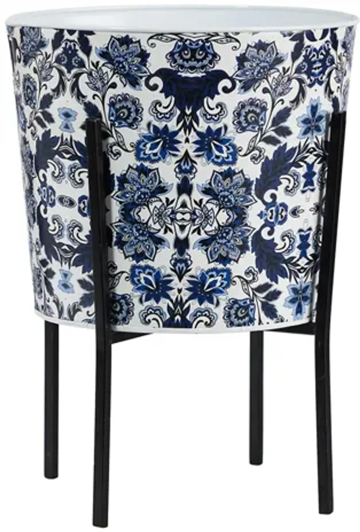 16in. Oriental Blue and White Classic Round Metal Planter with Stand in Blue/White by Bellanest