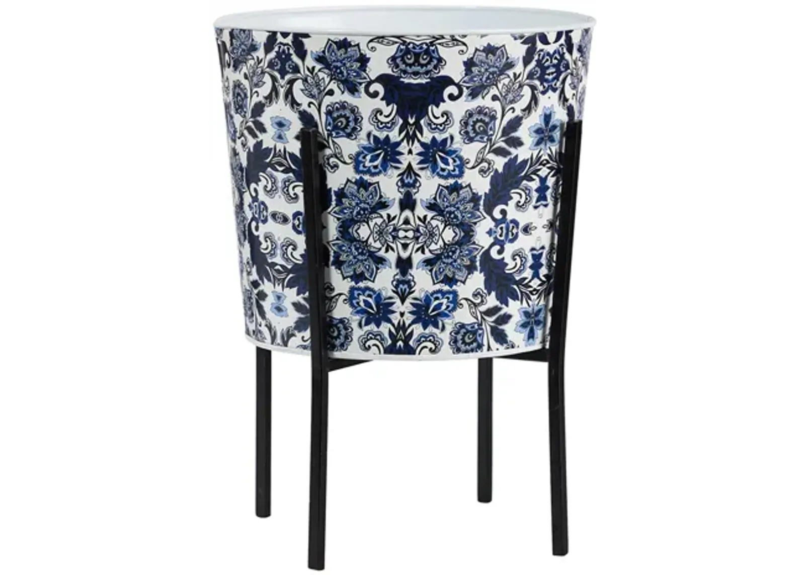 16in. Oriental Blue and White Classic Round Metal Planter with Stand in Blue/White by Bellanest