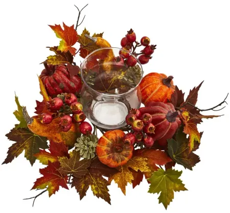 Pumpkin, Gourd, Berry and Maple Leaf Artificial Arrangement Candelabrum in Multicolor by Bellanest