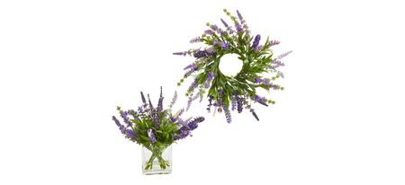 12in. Lavender Arrangement and 14in. Lavender Wreath (Set of 2) in Purple by Bellanest