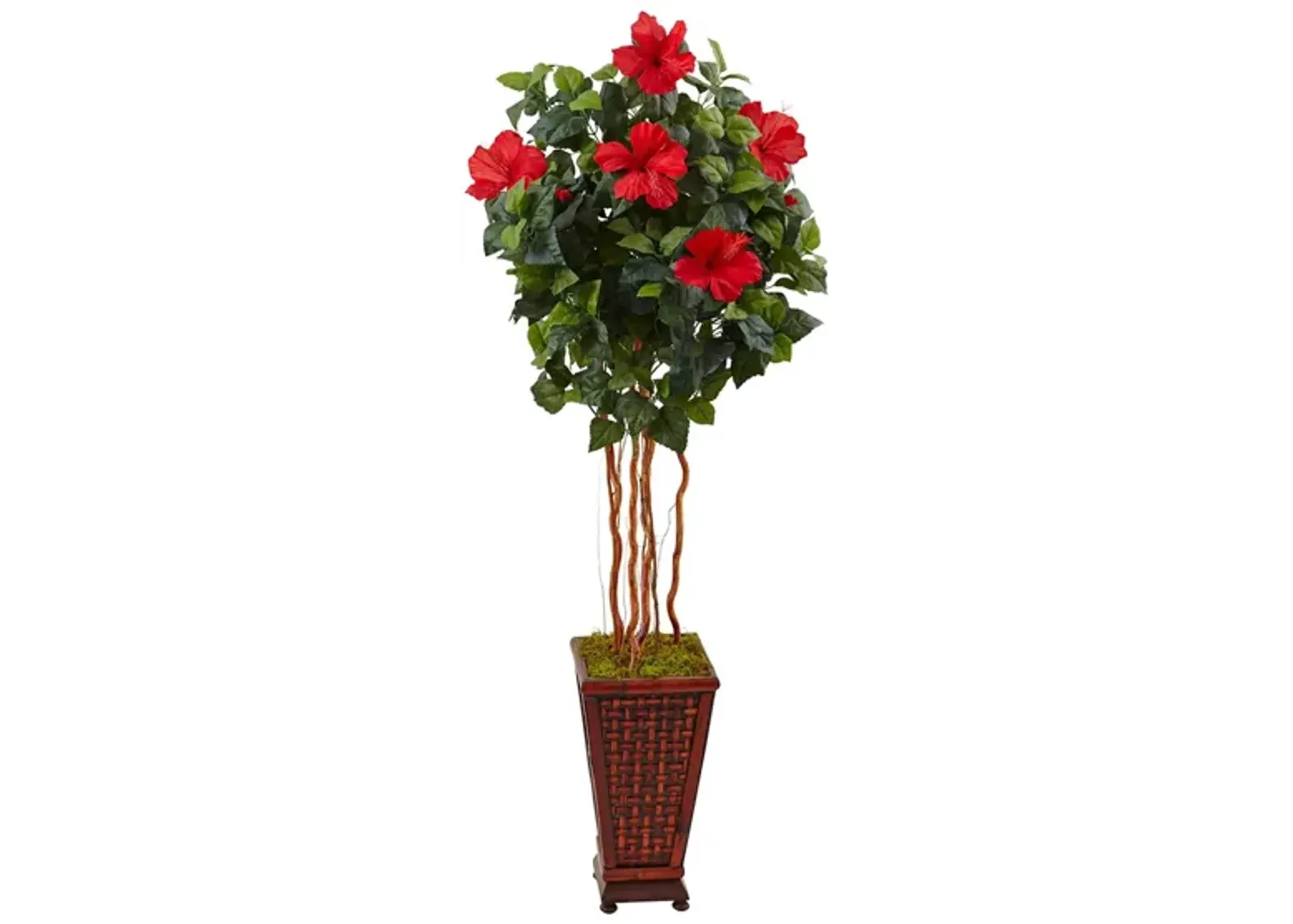 5ft. Hibiscus Artificial Tree in Decorated Wooden Planter in Green by Bellanest