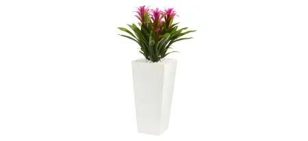 Triple Bromeliad Artificial Plant in White Tower Planter in Purple by Bellanest