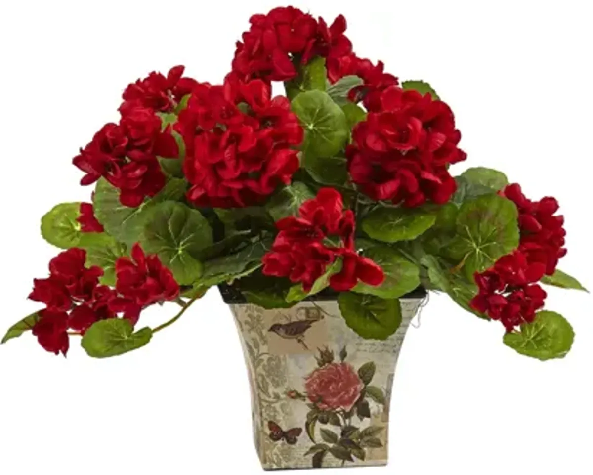 11in. Geranium Flowering Silk Plant with Floral Planter (Set of 2)