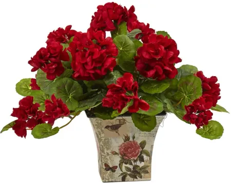 11in. Geranium Flowering Silk Plant with Floral Planter (Set of 2) in Red by Bellanest