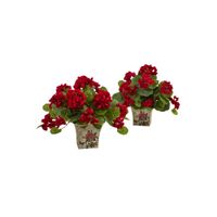 11in. Geranium Flowering Silk Plant with Floral Planter (Set of 2) in Red by Bellanest