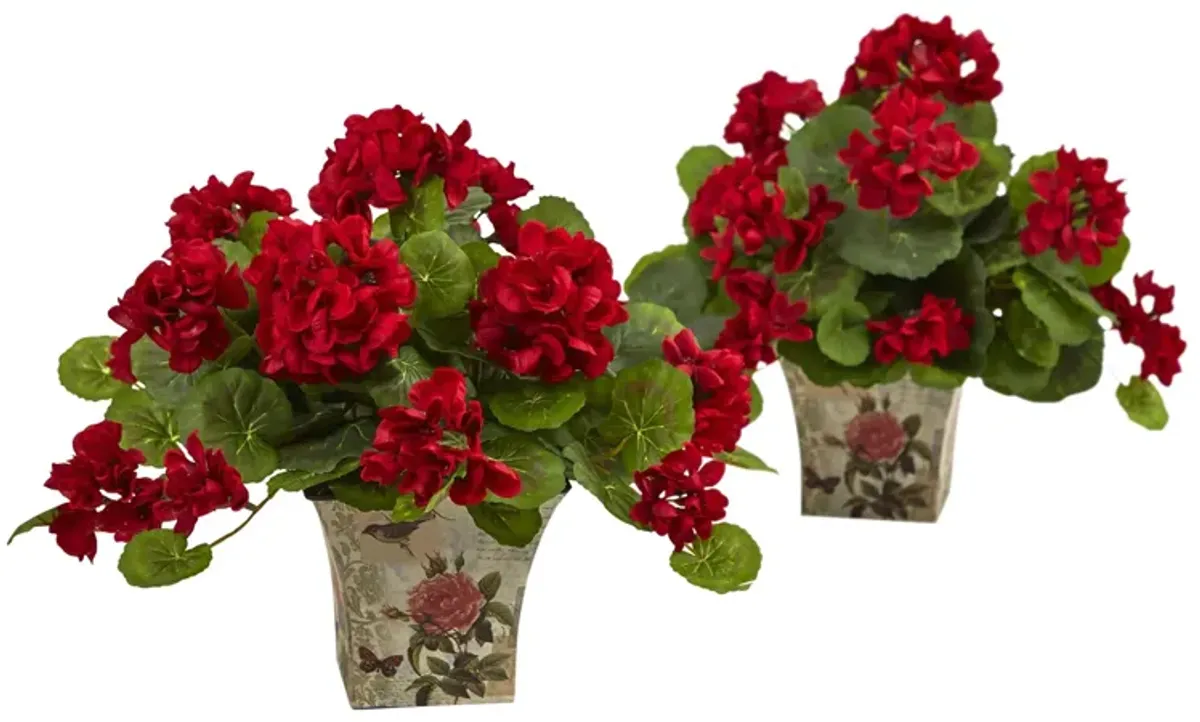 11in. Geranium Flowering Silk Plant with Floral Planter (Set of 2)