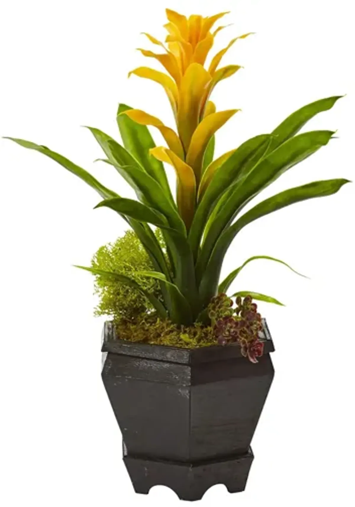 Bromeliad in Black Hexagon Artificial Planter in Yellow by Bellanest