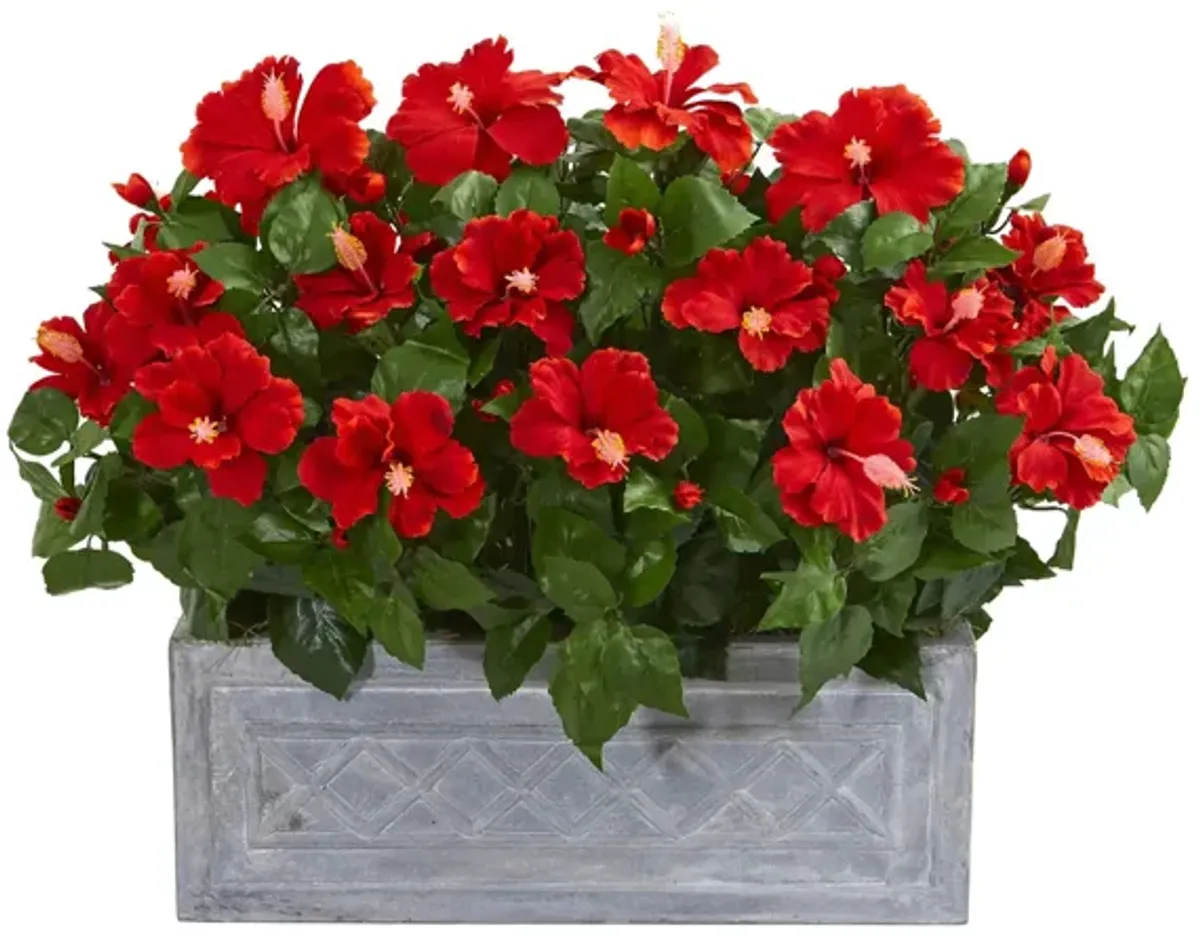 Hibiscus Artificial Plant in Stone Planter in Red by Bellanest