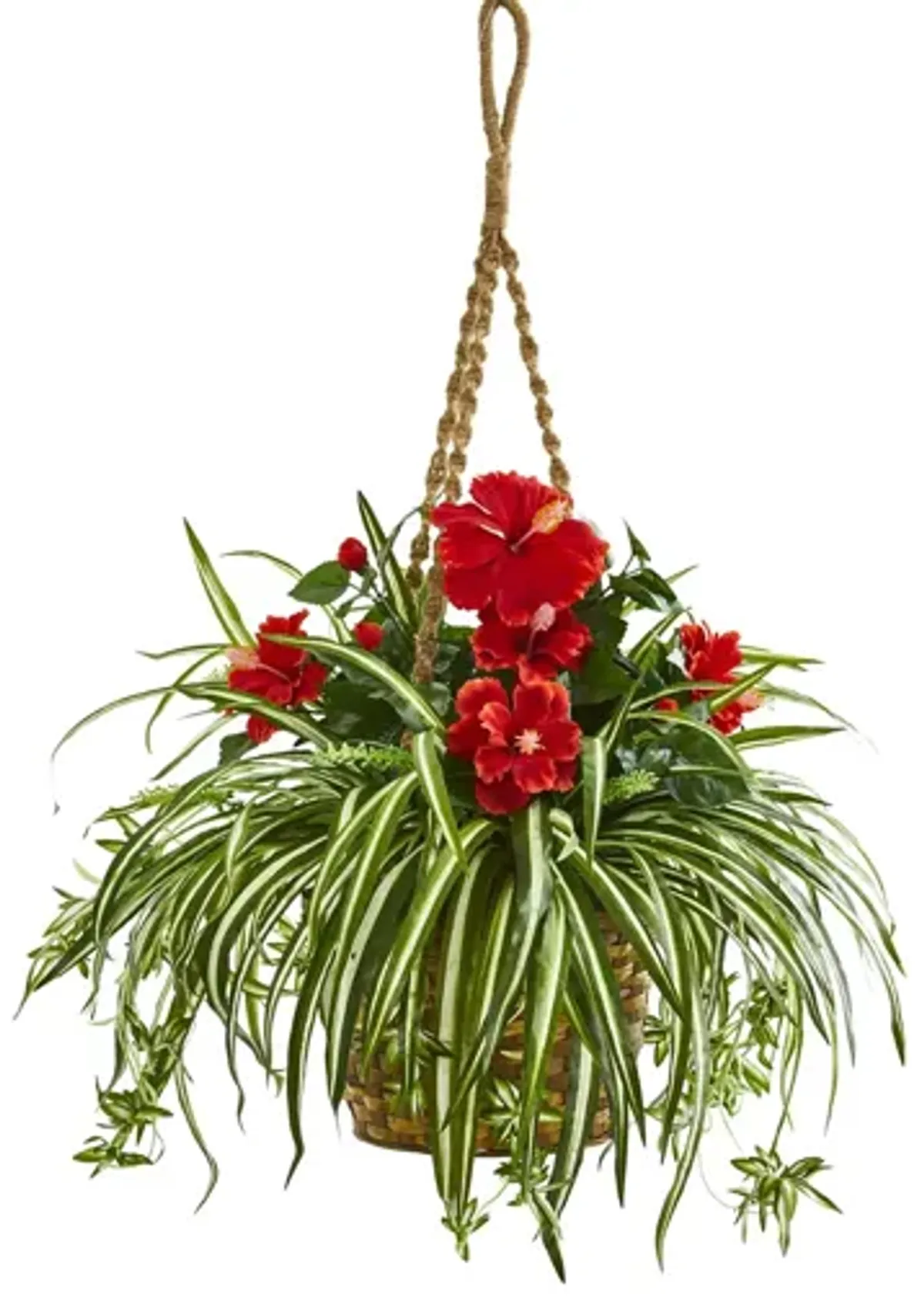 Hibiscus & Spider Artificial Plant in Hanging Basket in Red by Bellanest