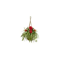 Hibiscus & Spider Artificial Plant in Hanging Basket in Red by Bellanest