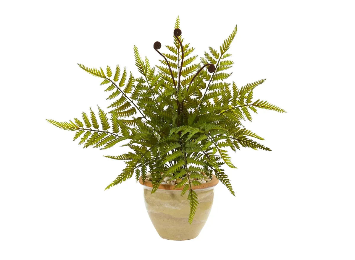 18in. Fern Artificial Plant in Ceramic Planter in Green by Bellanest