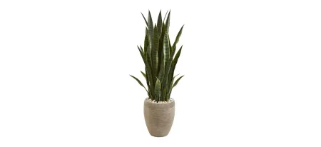 3.5ft. Sansevieria Artificial Plant in Sand Planter in Green by Bellanest