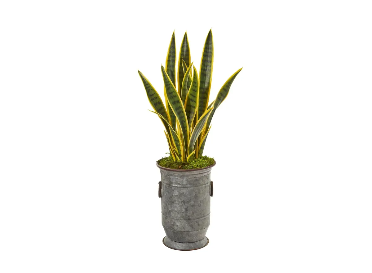 33in. Sansevieria Artificial Plant in Vintage Metal Planter in Green by Bellanest