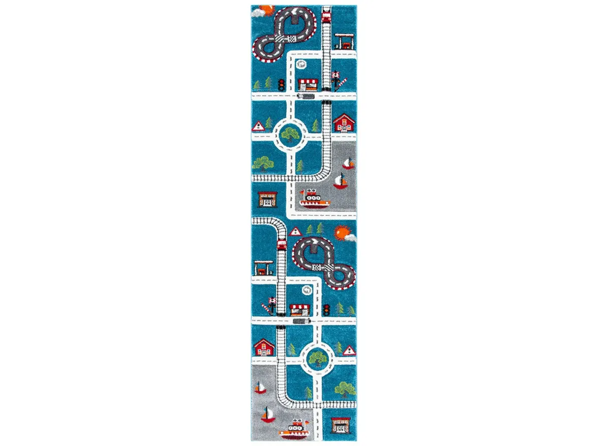 Carousel Cars Kids Runner Rug in Turquoise & Ivory by Safavieh