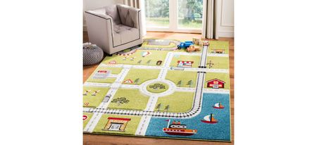 Carousel Cars Kids Area Rug in Green & Ivory by Safavieh