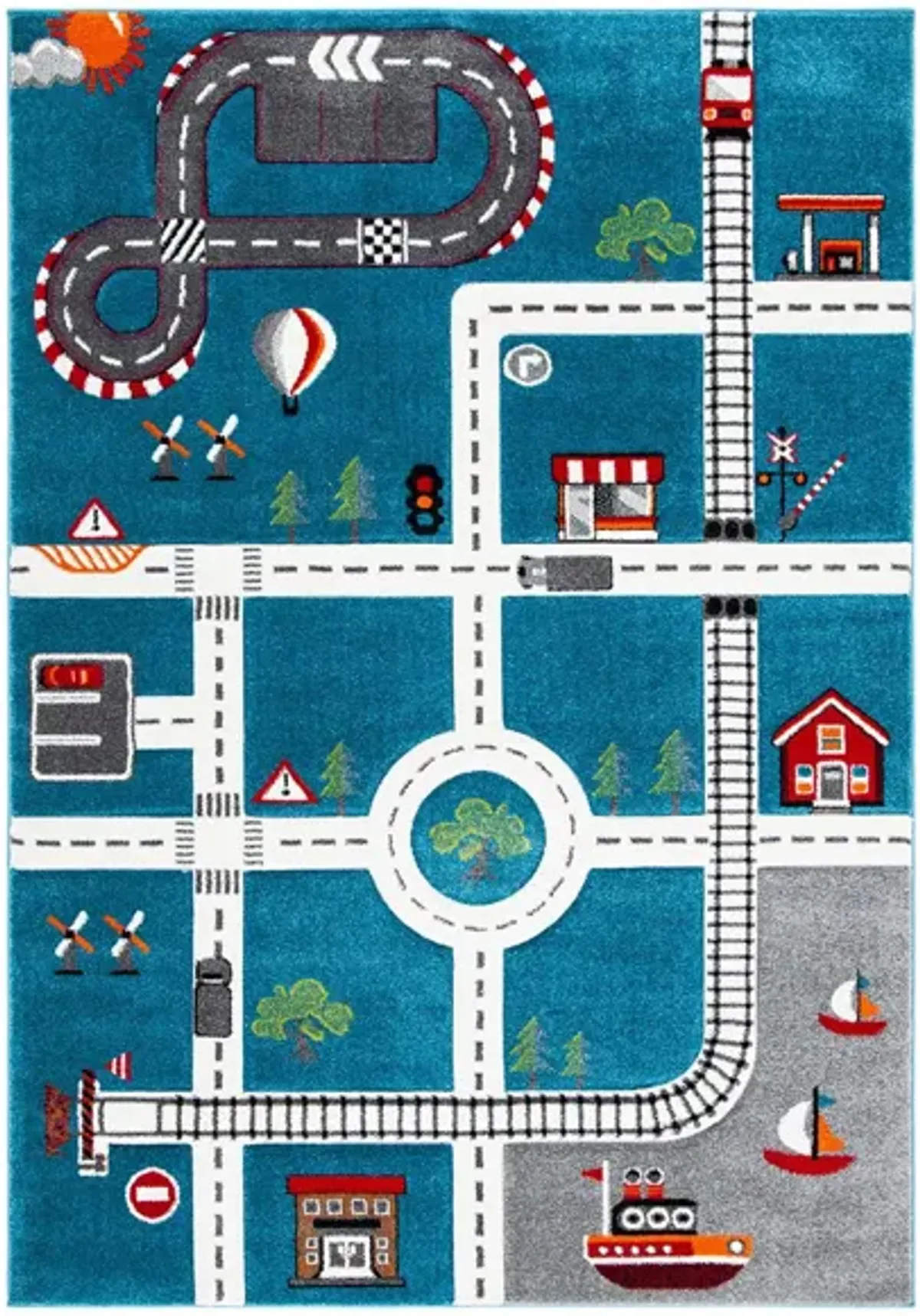 Carousel Cars Kids Area Rug in Turquoise & Ivory by Safavieh