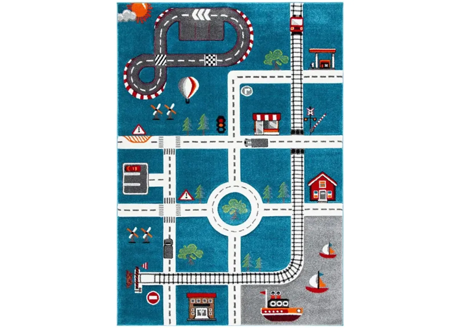 Carousel Cars Kids Area Rug in Turquoise & Ivory by Safavieh