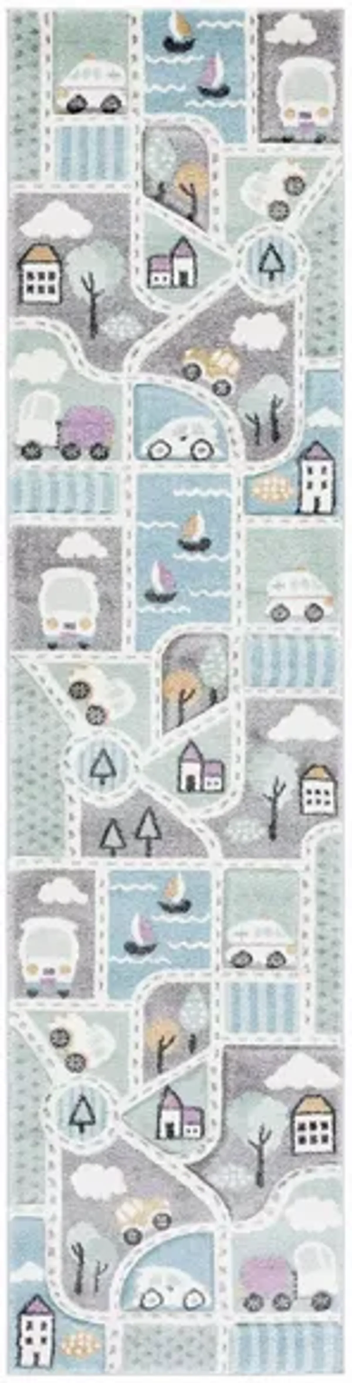 Carousel Cars Kids Runner Rug in Gray & Light Blue by Safavieh