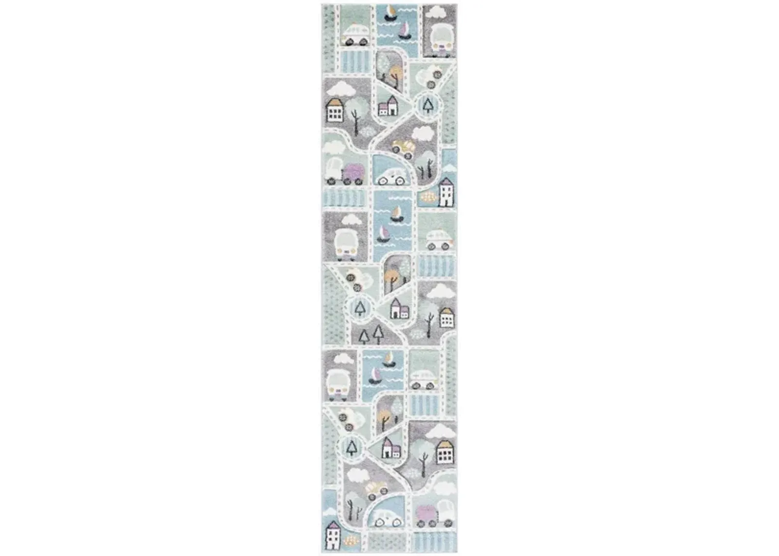 Carousel Cars Kids Runner Rug in Gray & Light Blue by Safavieh