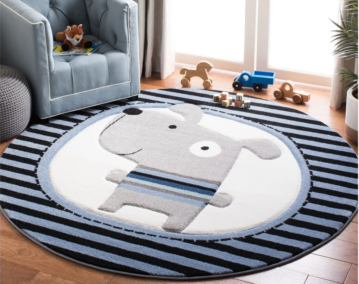 Carousel Puppy Kids Area Rug Round in Navy & Ivory by Safavieh