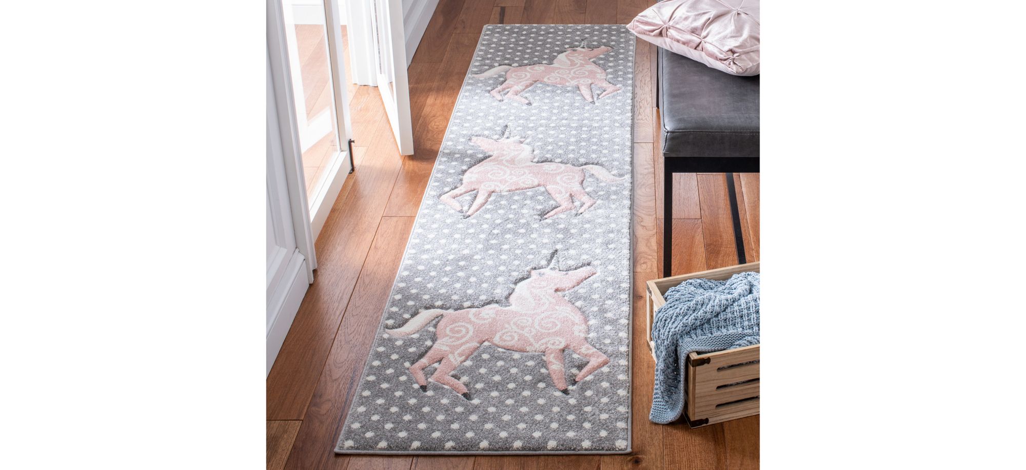 Carousel Unicorn Kids Runner Rug in Gray&Ivory & Pink by Safavieh