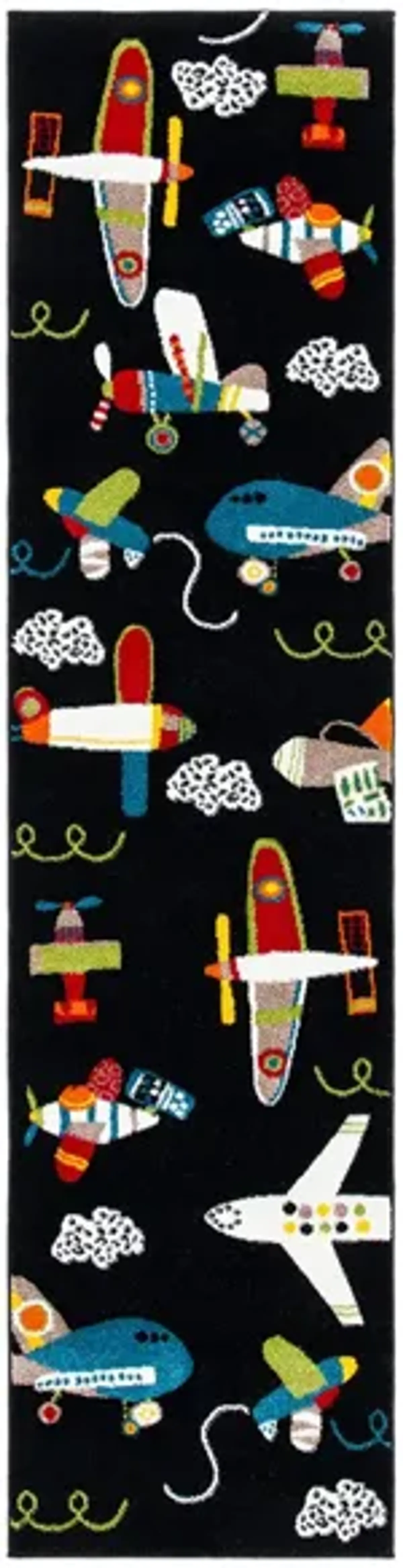 Carousel Planes Kids Runner Rug in Black & Ivory by Safavieh