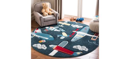Carousel Planes Kids Area Rug Round in Navy & Ivory by Safavieh