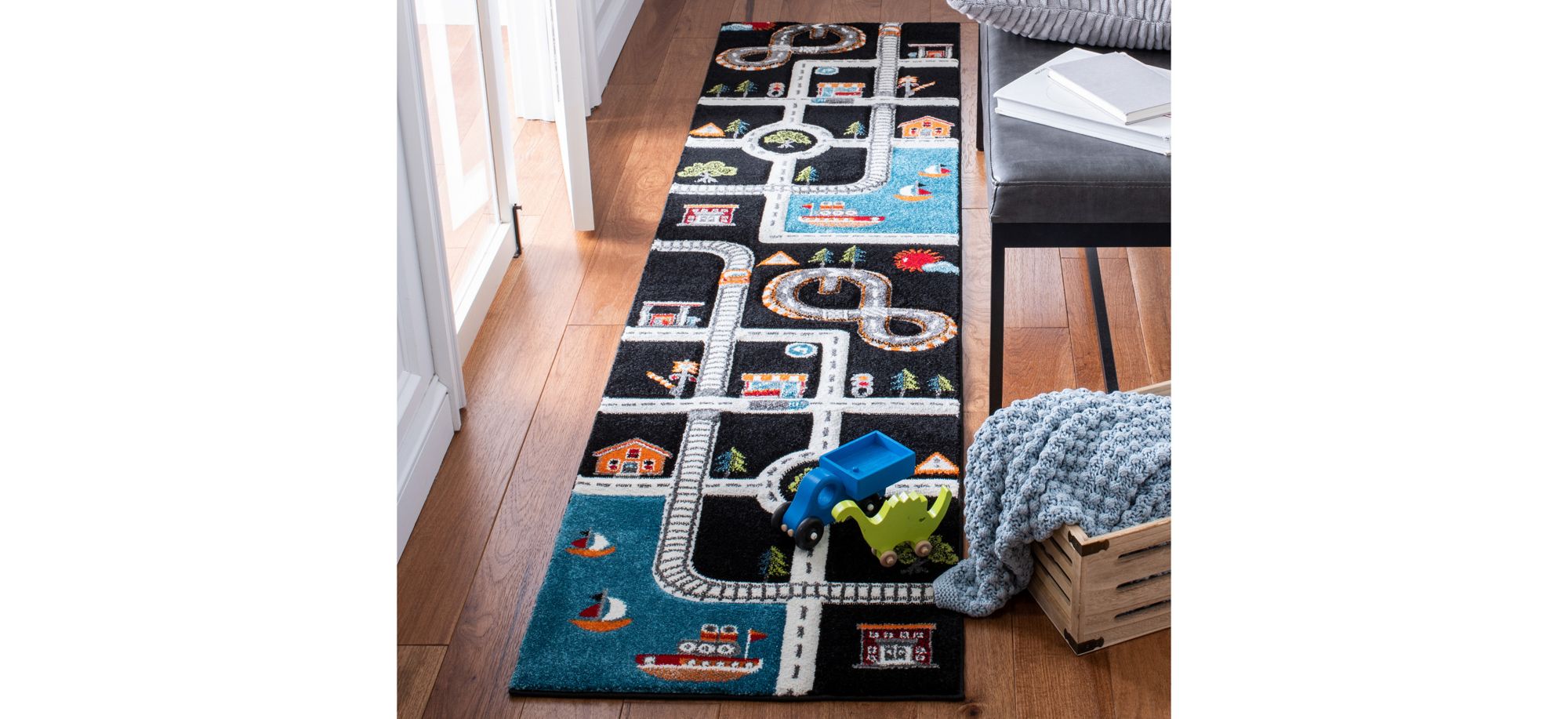 Carousel Cars Kids Runner Rug in Black & Ivory by Safavieh