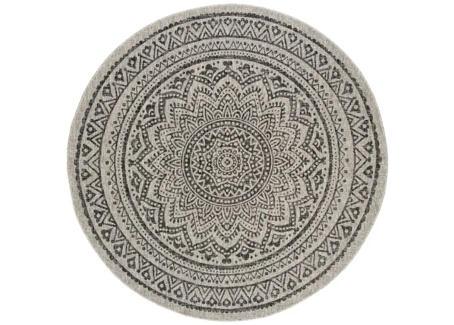 Courtyard Mandala Indoor/Outdoor Area Rug Round in Light Gray & Black by Safavieh