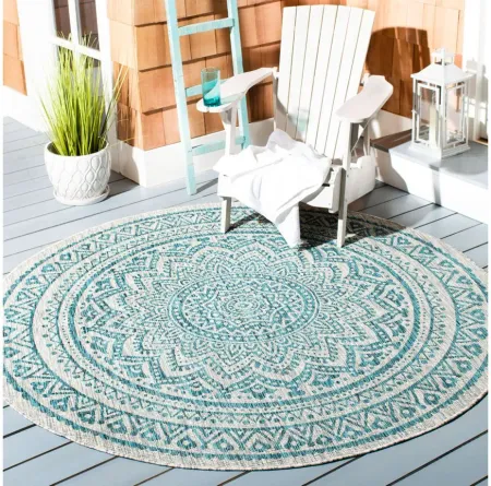 Courtyard Mandala Indoor/Outdoor Area Rug Round in Light Gray & Teal by Safavieh
