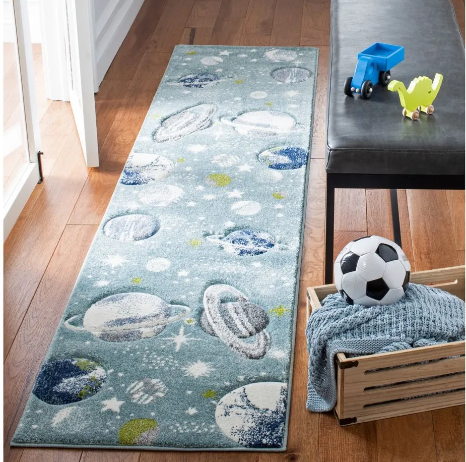 Carousel Planets Kids Runner Rug in Teal & Ivory by Safavieh