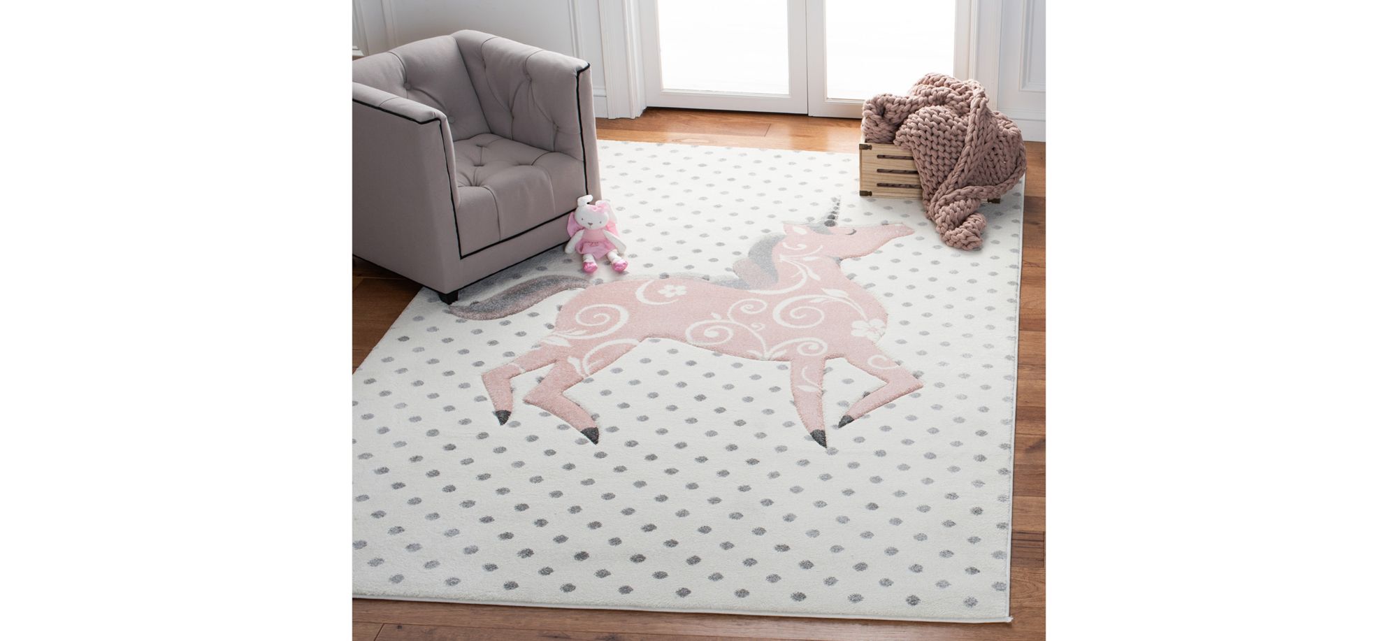 Carousel Unicorn Kids Area Rug in Ivory Gray & Pink by Safavieh